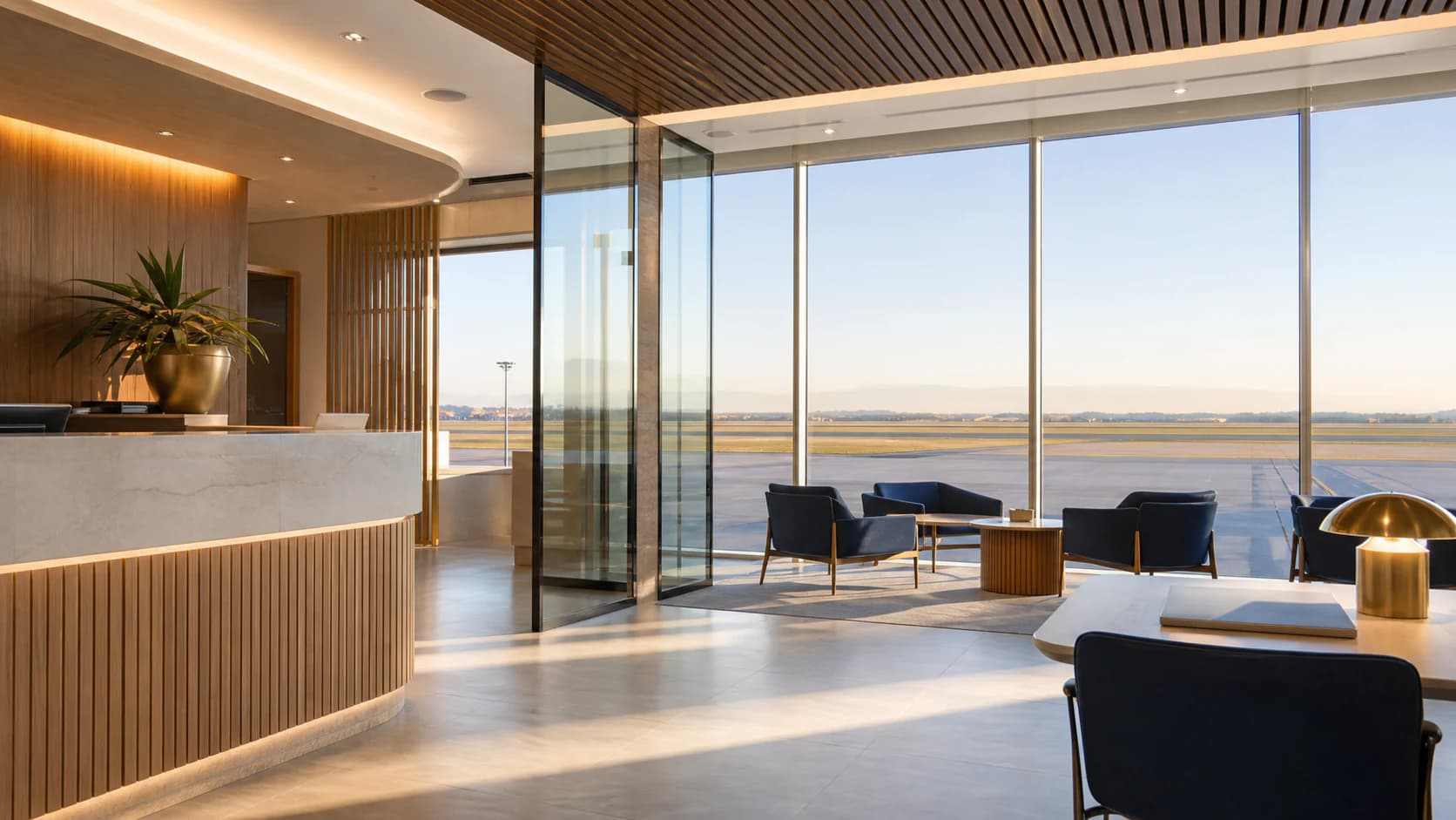 Conceptual aviation business reception overlooking an airfield