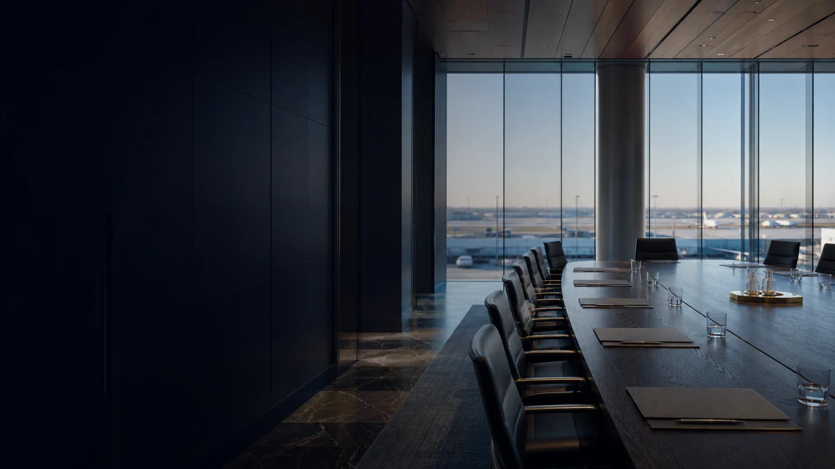 Conceptual aviation boardroom overlooking an airport apron