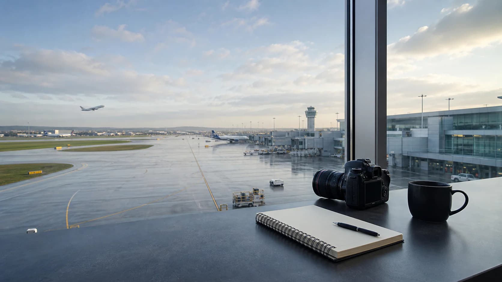 Conceptual aviation media workspace overlooking an airport
