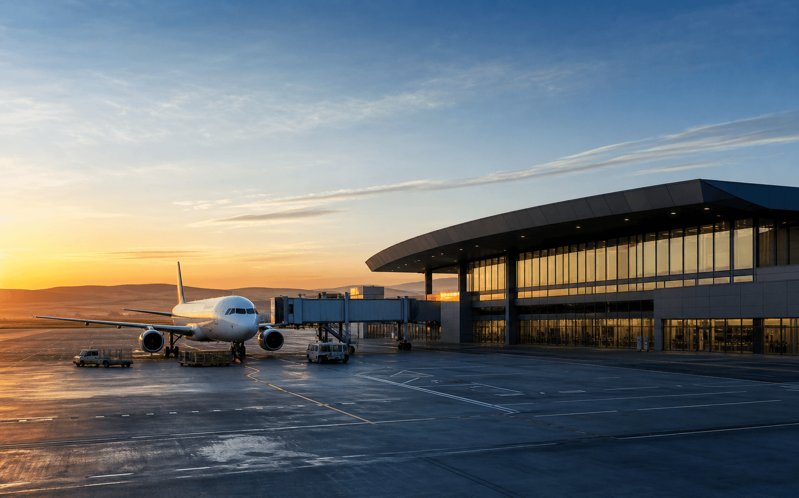 Conceptual regional airport and aircraft at dawn