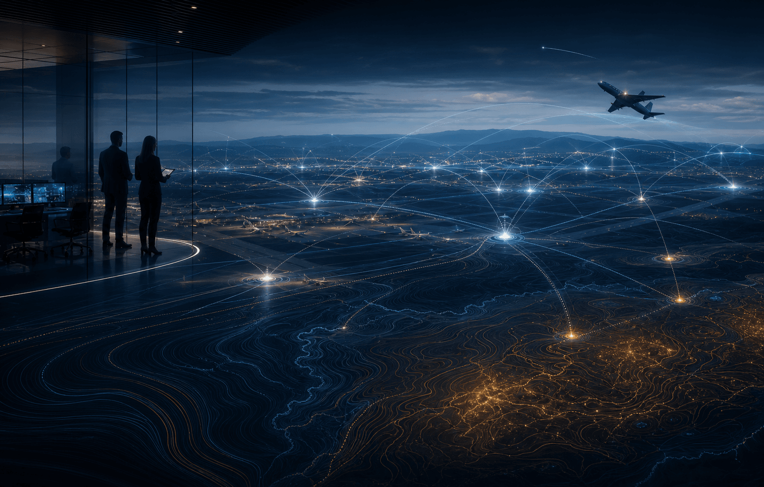 Abstract digital network of aviation platforms and routes